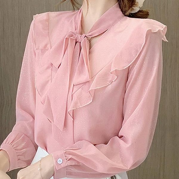 

women's blouses & shirts blouse women blusas mujer de moda 2021 ruffles v-neck pink chiffon shirt long sleeve blusa d494, White