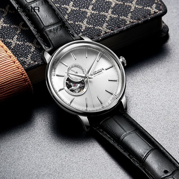 

megir men's simple luxury casual rose gold tone fashion genuine leather strap skeleton automatic watches for men, Slivery;brown