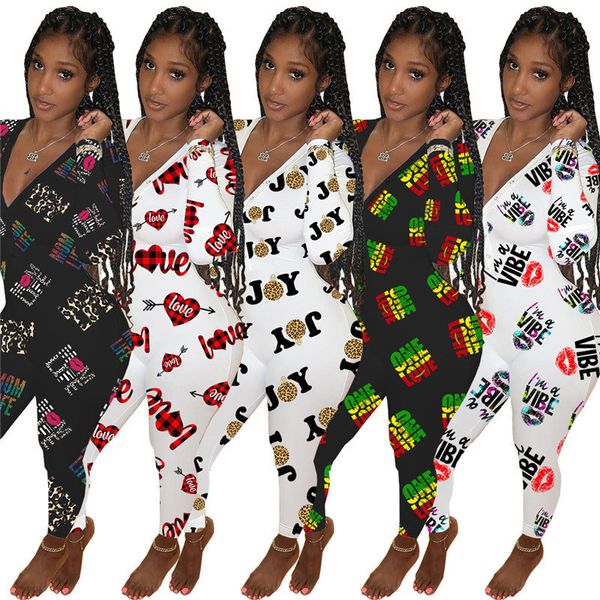 

summer spring long sleeve jumpsuit women designers pants rompers valentines mother day low v neck bodysuit fashion letters print clothg12107, White