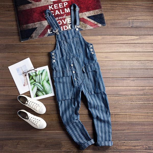 

retro loose striped overalls men's denim overalls bib jeans street style korean hip-hop style big pocket clothing, Blue