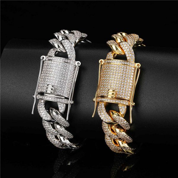 

16mm 7/8inch gold plated bling diamond stone cz cuban bracelet chain for men women hip hop jewelry wholesale, Black