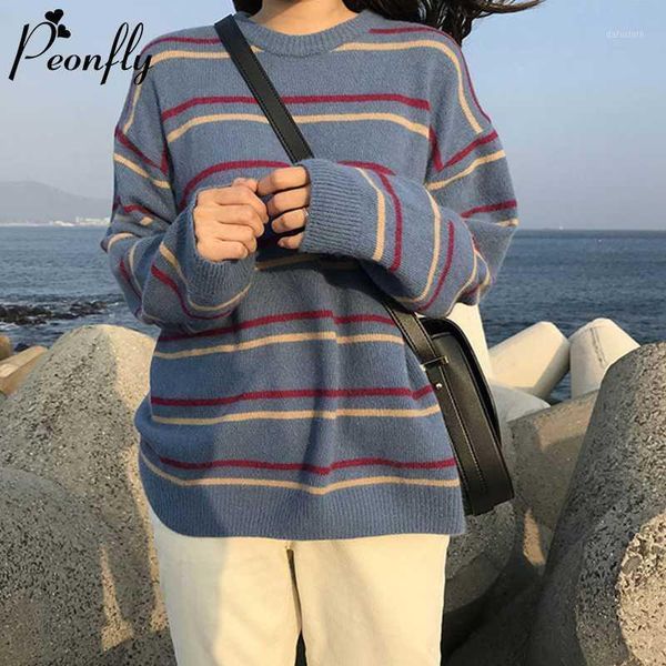 

peonfly korean oversize striped pullover sweater women 2020 autumn long sleeve knitted jumper female loose knitwear clothes1, White;black