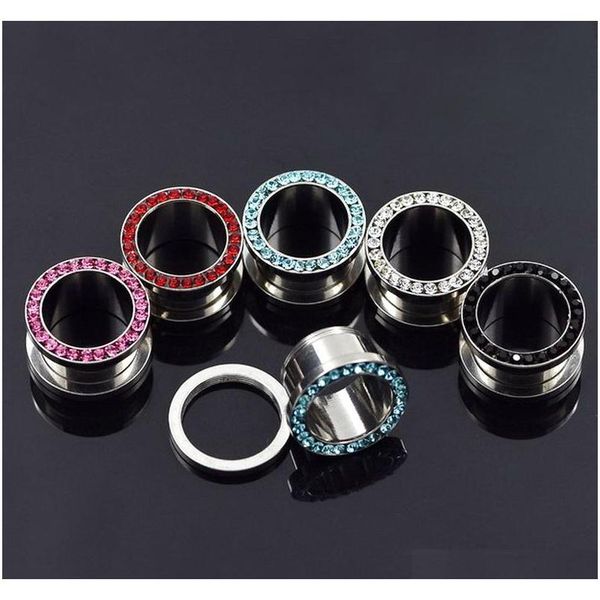 

stainless steel earring stud expansion ear hole expander circle with colorful rhinestones 3mm-6mm dia 4 sizes earhole plugs & tunnels 8y6sz, Silver