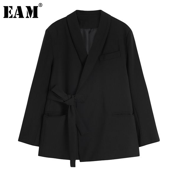 

[eam] women black bandage big size blazer new lapel long sleeve loose fit jacket fashion tide spring autumn 1x786 201114, White;black