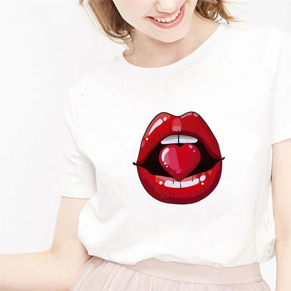 

harajuku t-shirt summer new red lips kiss print women's t-shirt funny o-collar t-shirt femme fashion, White