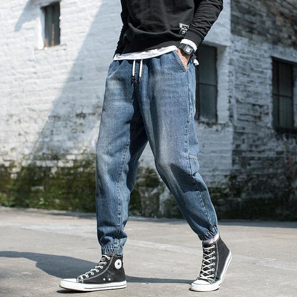 

light blue jeans men's loose straight plus size trendy brand ankle-tied harem pants men's trendy autumn new trousers