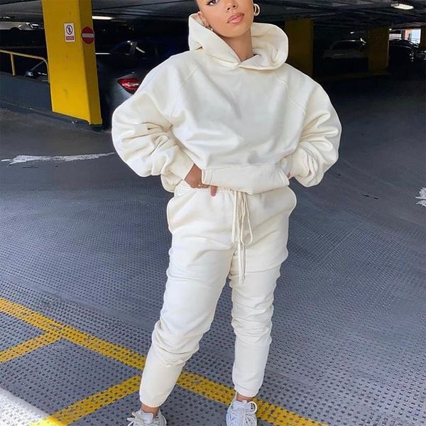 

women's tracksuits sports suit female sweatshir hooded long sleeve pullover sweater pure color cotton 2 pieces sets tracksuit, Gray