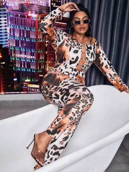 

sxy plus leopard print cut out o-ring off shoulder jumpsuit 12mh#, Black