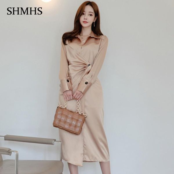 

simple elegant party dress 2021 spring fashion turn-down collar folds mid-calf asymmetry plain office shirt dress women, Black;gray