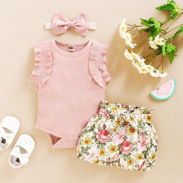 

clothing sets 3pcs born toddler baby girls set sleeve romper floral shorts summer outfits +headbnads jumpsuit playsuit 20211, White