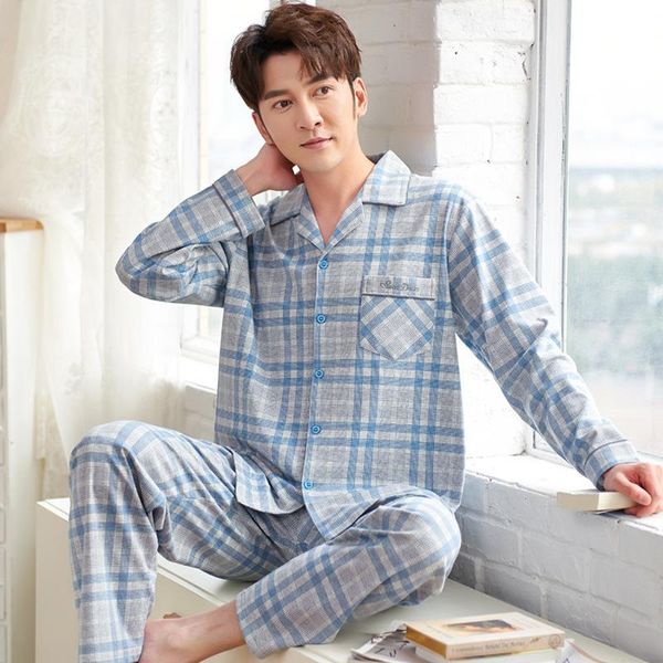 

spring and autumn pajamas men's long-sleeved cotton thin section men's simple plaid middle-aged home service suit sommeil, Black;brown