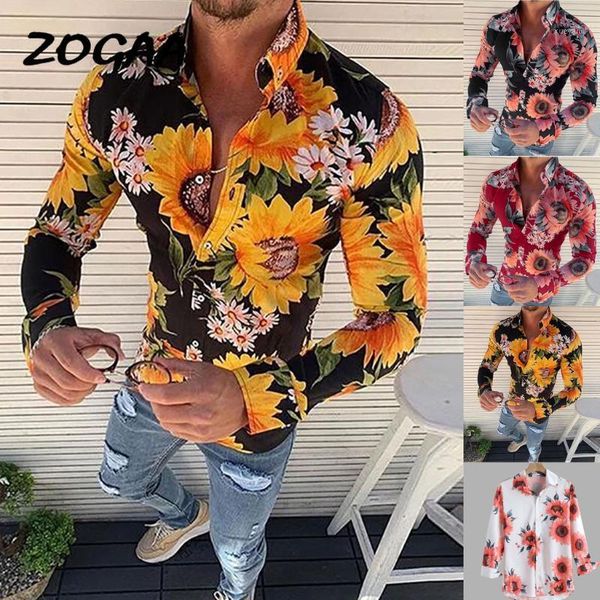 

zogaa 2020 spring autumn men's causal long sleeve flower printed shirt fit slim blouse hawaiian style 20201, White;black