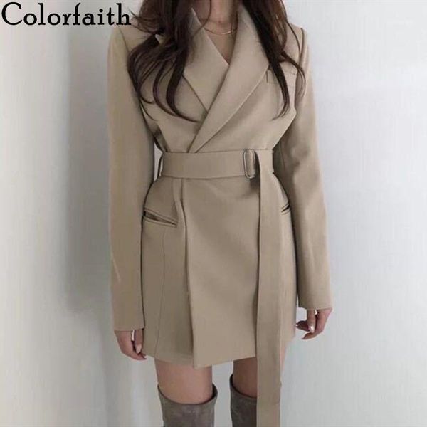 

colorfaith new 2019 autumn winter women's blazers sashes long jackets notched outerwear england style solid cardigan jk971511, White;black