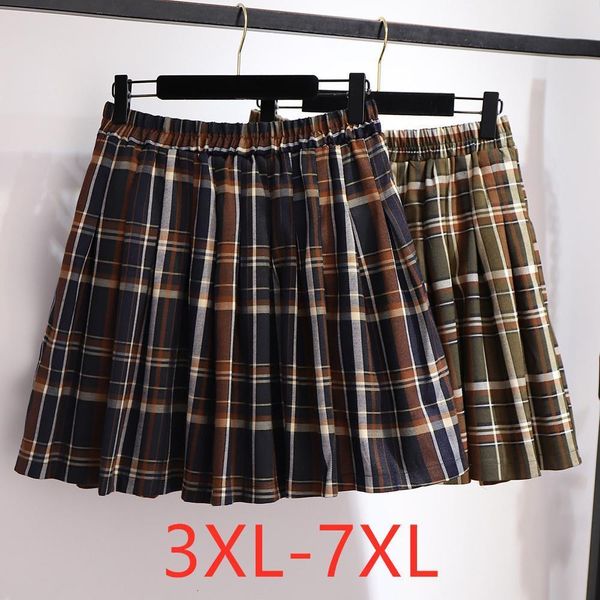 

new 2020 korea summer plus size mini skirt for women large casual loose plaid pleated skirts blue green 3xl 4xl 5xl 6xl, Black