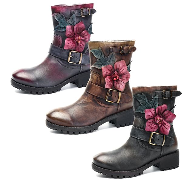 

socofy vintage mid-calf women shoes genuine leather plush fur-lined motorcycle boots winter autumn boot boats mujer, Black