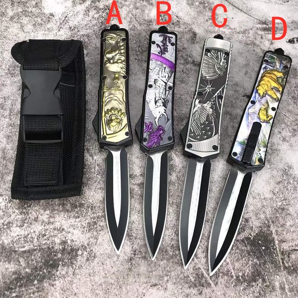 

button double-action tactical automatic knife 7cr13mov blade, zinc alloy carving 3d totem handle for outdoor survival self-defense knives