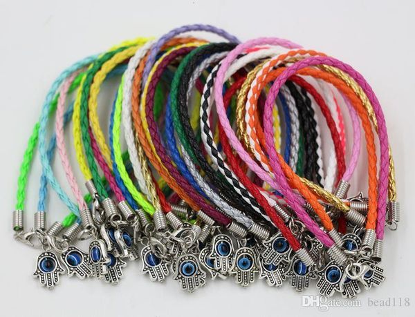 

eyes "mixed 100pcs /lots hamsa hand "turkey leather -lucky charm pendant bracelet 17 -21cmzouc