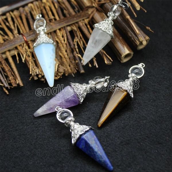 

hexagonal column natural stones pendants charms for dowsing divination healing point purple crystal pink quarzt pendulum reiki pendule, Bronze;silver