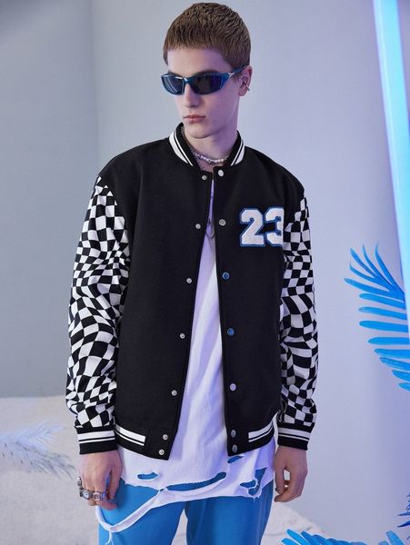 

men number patched detail checker sleeve bomber jacket x00y#, Black;brown