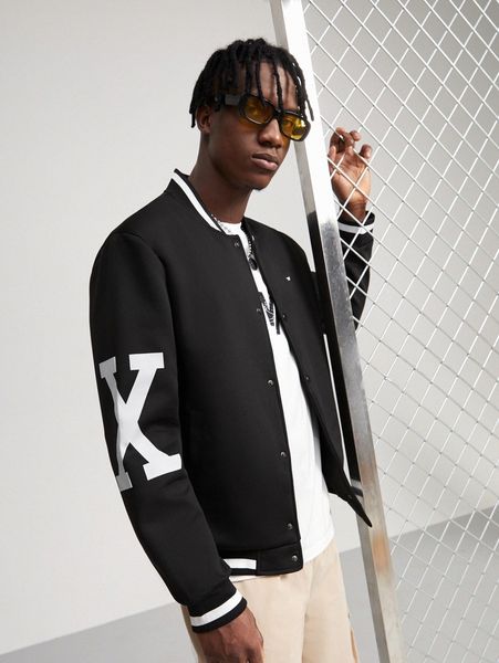 

men letter graphic striped trim bomber jacket u8vg#, Black;brown