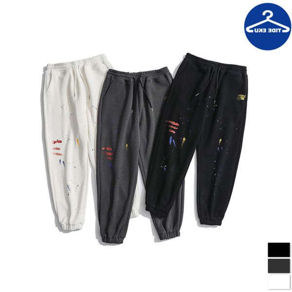 

2020 simple fashion work clothes small foot men's trousers hip hop loose and thickened young cotton pants hand painted splash ink casua, Black