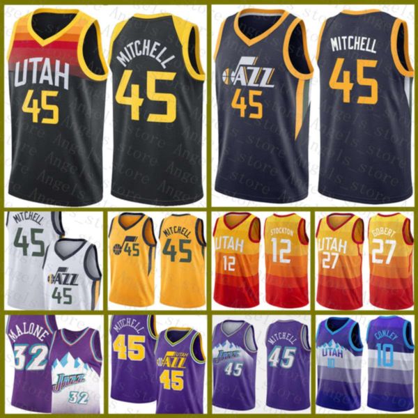 

donovan 45 mitchell rudy 27 gobert john 12 stockton karl 32 malone mike 10 conley utah jazz 2020 2021 new basketball jersey multi, Black;red