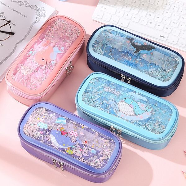

cartoon whale pattern girl student pencil case large capacity canvas zipper double layer cute pink purple