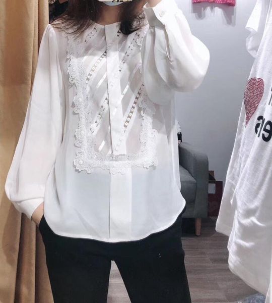 

woman white floral embroidered shirt round neck long sleeves elegant flowers appliques blouse 2020 new1