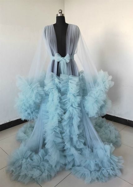 Himmelblaue Illusion-Rüschen-Nachtkleider, sexy Damen-Dessous, gestuftes Nachtwäsche-Nachthemd, Braut-Fotoshooting-Bademantel