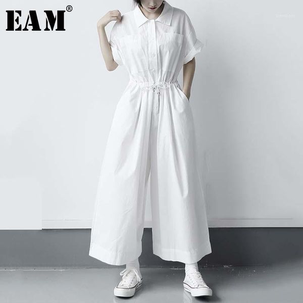 

eam] loose fit women white long big size jumpsuit new high waist pocket stitch pants fashion tide spring autumn 2020 1w2851, Black;white