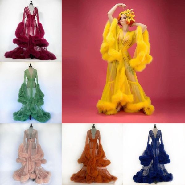 Personalizar Nightgown de Pena Nuvata Vestes Nova Chegada Transparente Tulle Senhora Sleepwear Jaquetas Longa Sobreposição de Vestidos Após vestido de festa