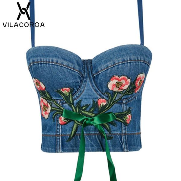 

women's embroidered t-shirt denim blue applique patchwork crop low-cut open-neck crop summer nightclub t-shirt, White