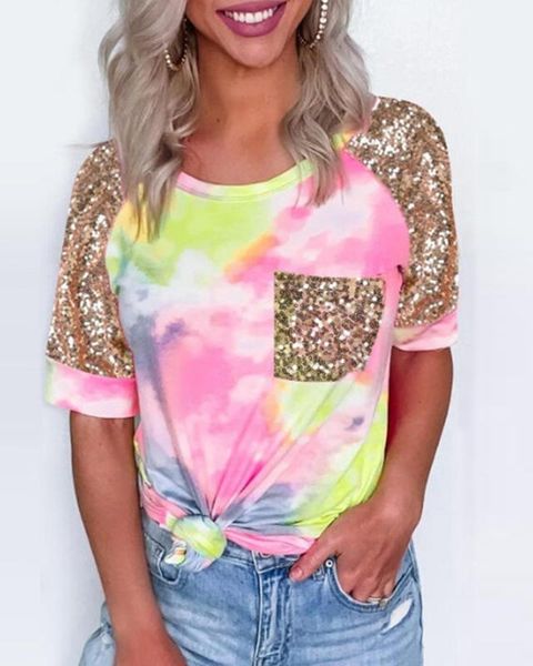 

fashion tie dye sequins t-shirt women summer short sleeve o-neck t-shirt soft milk silk tees plus size female1, White