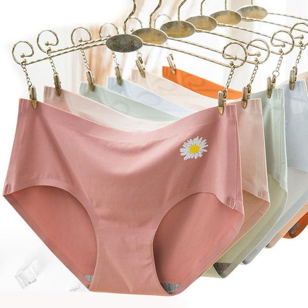

small daisy flower underwear women's mid-waist briefs ice silk graphene antibacterial seamless breathable briefs panties, Black;pink