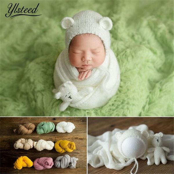 

ylsteed newborn pgraphy props crochet bear hat doll set stretch baby pgraphy wraps blanket studio shooting accessories lj201105