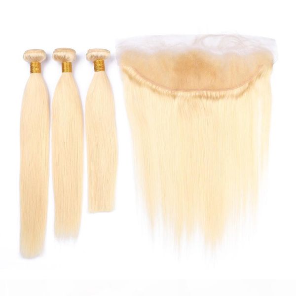 

indian virgin human hair #613 blonde hair weaves 3 bundles with 13x4 lace frontal closure middle 3 part straight blonde hair wefts, Black;brown