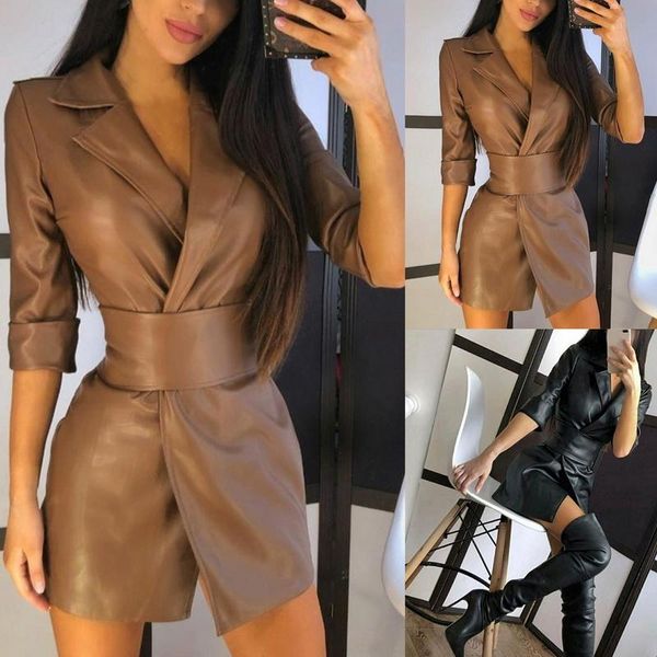 

notched pu bandage women's dress sheer faux leather ladies jacket-dress with belt 2020 autumn winter streetwear vestido female, Black;gray