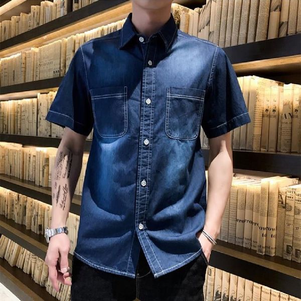 

2020 summer's new short-sleeved denim shirt japanese trend 100% cotton casual shirt men fashion washed ground white denim shirt, White;black