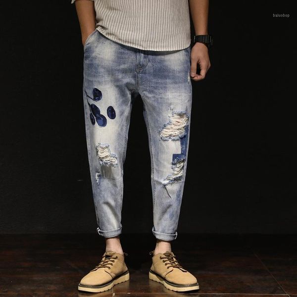 

fashion mens harem pants embroidery men clothes 2020 mid waist hole destroy jeans for men1, Blue