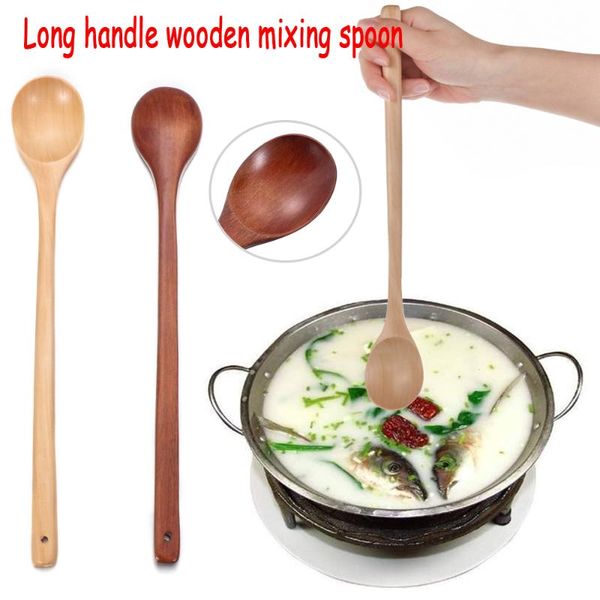 

spoons japanese-style long handle wooden spoon natural solid wood soup scoops tableware household kitchen supplies