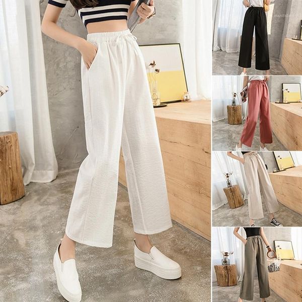

women's linen wide-leg pants loose korean high waist nine-point pants casual1, Black;white