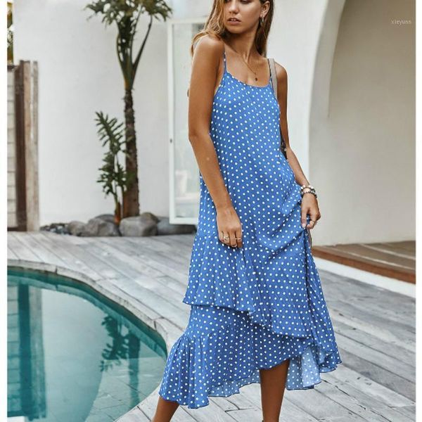 

summer women's sleeveless boho dot printed maxi dress fashion ladies casual street party beach sundress casual loose vestido1, Black;gray