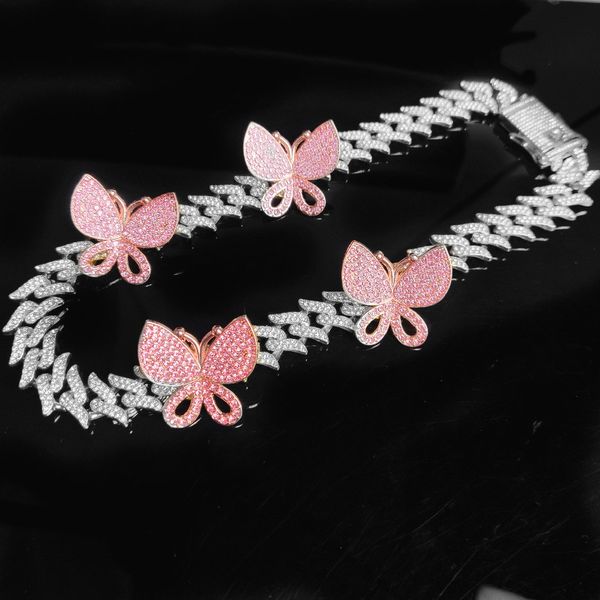 

14mm thorny iced out diamond cuban link necklace chain gold silver pink butterfly necklaces hip hop jewelry, Black