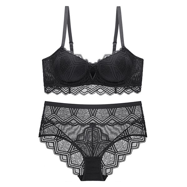 

frilly lace with push up wavy stripes broadside medium padded lacy underwear set lingerie women bra & brief sets y200708, Red;black