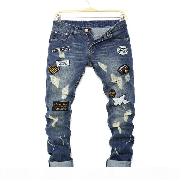 

wholesale- halloween denim biker jeans men skinny 2016 slim elastic jeans hip hop washed printing patched beggar male jeans, Blue