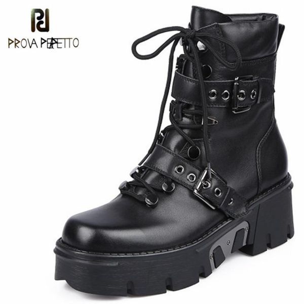 

Prova Perfetto High Quality Platform Boots Cool Metal Decoration Neuture Genuine Leather Female Shoes Zipper Buckle ShoBoots, Black