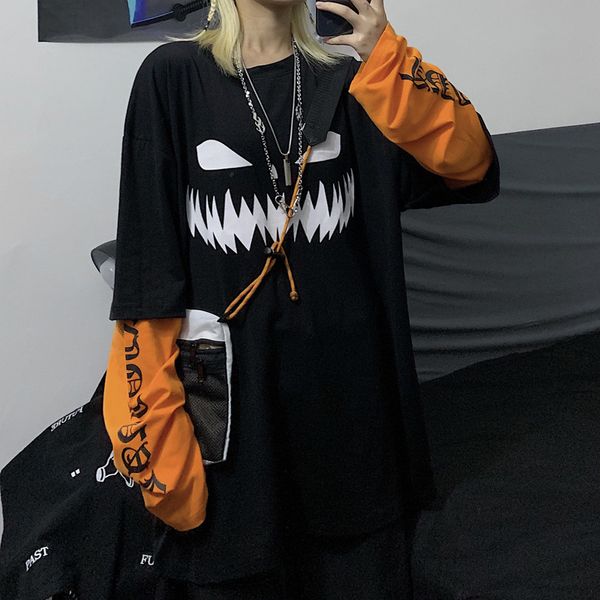 

2021 autumn harajuku pumpkin face printed fake letter of two loose sleeve pieces female t-shirt febe, White