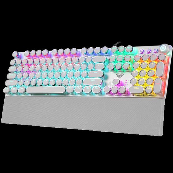 

steampunk gaming mechanical keyboard metal panel round retro keycap backlit wired computer peripherals for desklaptop