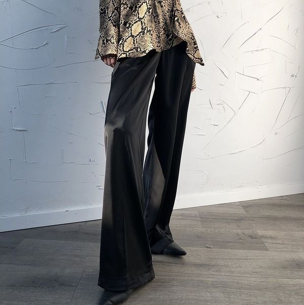 

2021 new satin long-legged breeches drape like real silk pants floor high-waisted straight-waisted tube temperament waistband qrqd, Black;white