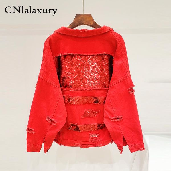 

red black denim jacket women basic coat 2020 spring big size holes short sequin jeans jacket harajuku fashion female jeans coat, Black;brown